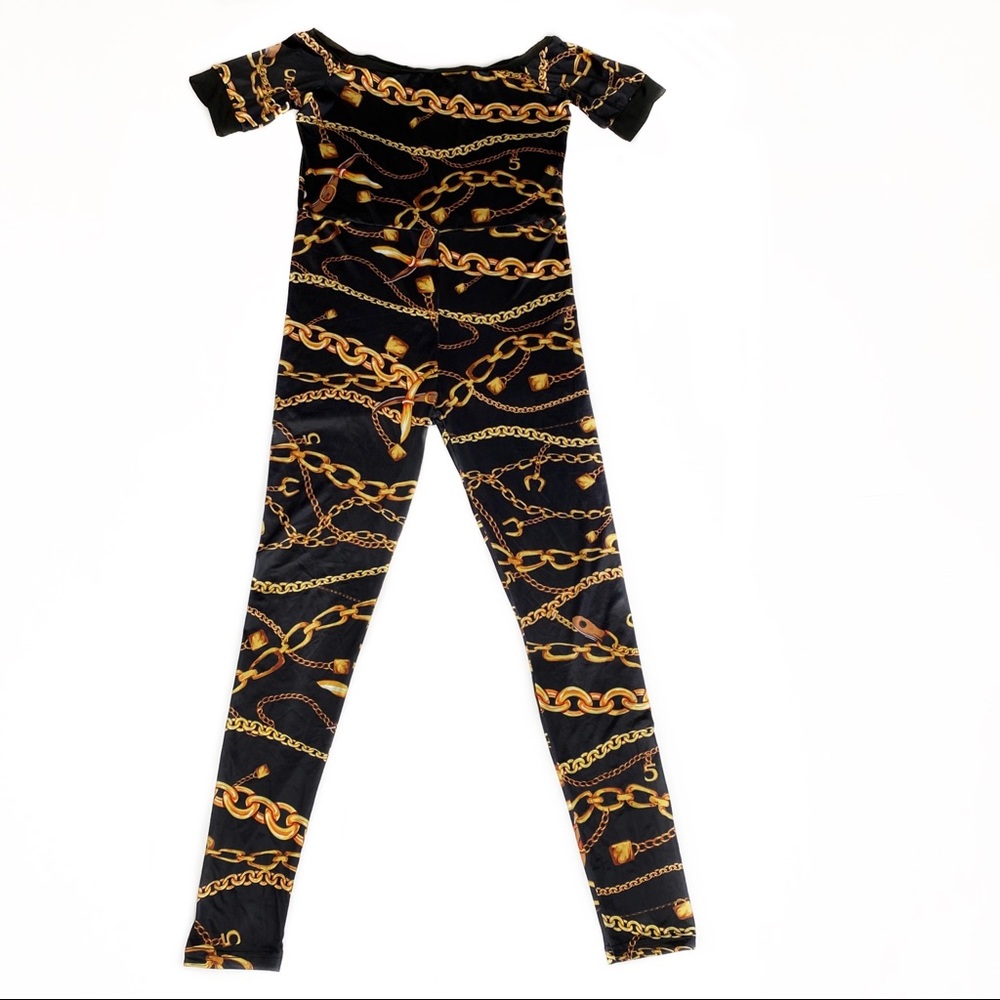 Fancyqube Black Gold Chain Belt Romper Jumpsuit M